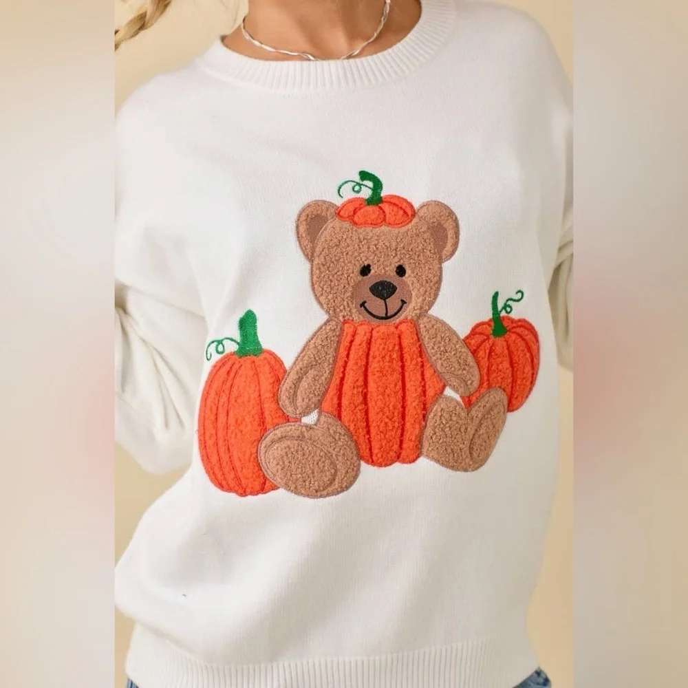 Textured Pumpkin Teddy Bear Embroidered Patchwork Sweater - Main Strip - Picture 4 of 6